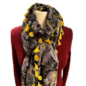 J Crew Abstract Gray Black Long Lightweight Scarf Yellow Fringe tiny flaw